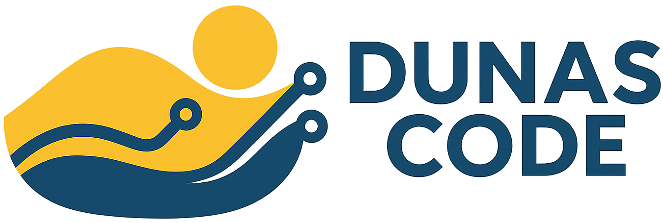 Logo da Dunas Code: um sol, seguido de uma Duna amarela banhada por uma mar no qual as ondas lembram trilhas de circuito integrado.